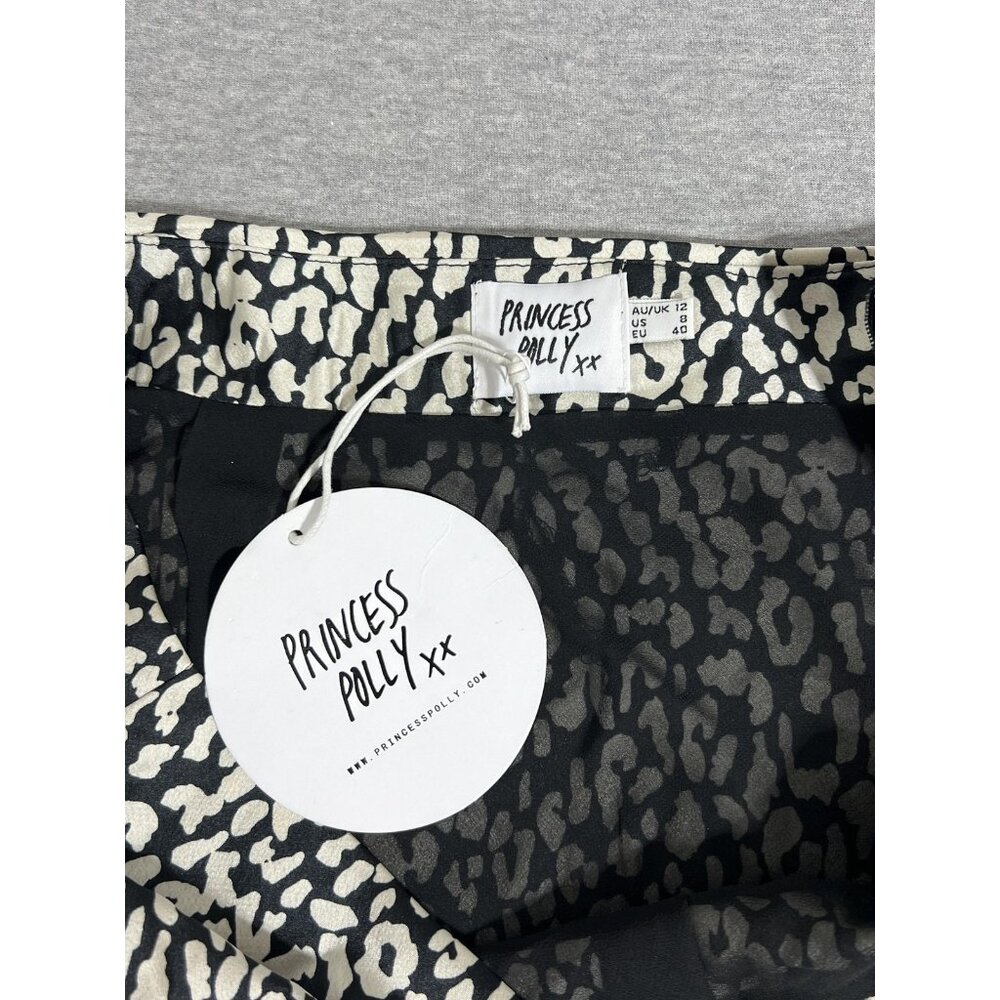 Princess Polly Skirt Womens 8 Black White Kyoto Mini Animal Print Satin Zip New - Picture 8 of 10